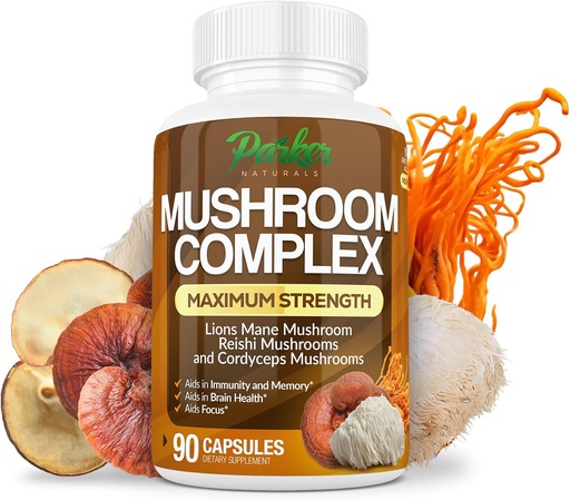 [BRSROGA3C54BYYDH] Parker Naturals Mushroom Complex Capsules, Premium Lions Mane, Cordyceps y Reishi Mushroom Suplemento, Maximum Strength Organic Mushrooms Suplemento, 90 cápsulas