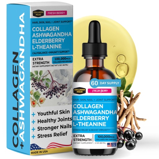 [BRSW2BQ5CAFQKYIZ] Liquid Collagen with Ashwagandha for Women & Men - Collagen Peptides Drops with L-Theanine - Hair, Skin, Nails, Joint & Stress Relief - Ashwagandha Supplement, 100,000mcg 2 Oz