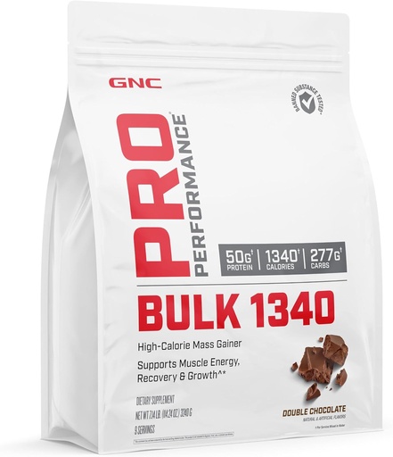 [BRSWGGIEAADRAELX] GNC Pro Performance Bulk 1340 Mass Gainer Protein Powder, 50g, Gluten Free, Whey, Creatine, BCAA, 3rd Party Tested, Muscle Recovery & Growth, Micronutrients, Double Chocolate, 9 Servings