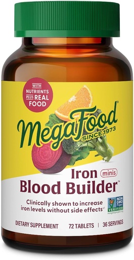 [BRSWY2YBAQCGAD37] Qadınlar və Kişilər üçün MegaFood Blood Builder Iron Supplement - Side Effects olmadan Iron Levels artırmaq - Combats Fatigue - Vitamin B12, Folic Acid & Vitamin C - Vegan - 72 Mini Tablet (36 Xidmət)