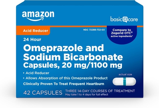 [BRSWYCANBUBQYC3V] Basic Care Omeprazol en natriumbicarbonaat Capsules, 20 mg/1100 mg, 24-uurs frequent Heartburn Medicine, Acid Reducer Pillen, 42 Tellen