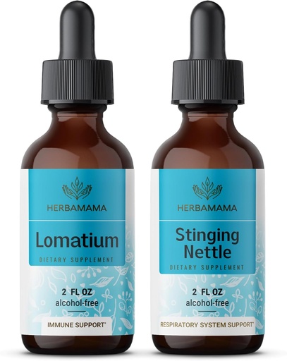 [BRSRAGAPAUMBO333] HERBAMAMA Herbal Liquid Drops Kit - Bundle of Lomatium Root Extract and Stinging Nettle Tincture 2 fl oz - Vegan, Non-GMO, Sugar & Alcohol-Free - 2 Pack