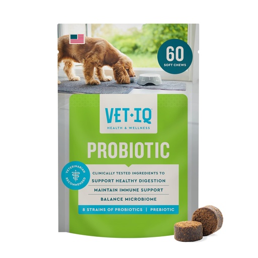 [BRSRMAL5B4BQY3T2] VetIQ Probiotic Supplement for Dogs, Digestive Support for Dogs, Nourishes Gut Bacteria and Supports Bowel Function, Hickory Smoke Flavor, Made in the USA, 60 Count
