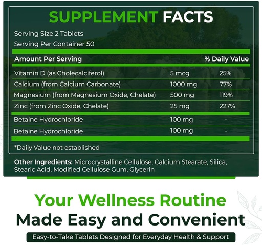 [BRSWYAYYOYBGOGT7] Nutra 500 naturel, supplément de zinc de magnésium de calcium avec vitamine D3 pour la force osseuse, aide à améliorer la digestion, santé sans gluten et sans sucre, complexe minéral essentiel