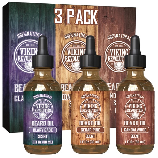 [BRSWGFQCAQCB63L6] Viking Revolution Beard Oil for Men 3 Pack - Natural Mens Beard Oil Variety Set - Sandalwood, Pine and Cedar, Clary Sage Scents - Beard Conditioning and Moisturizing for a Healthy Beard (3 Pack, 1oz)