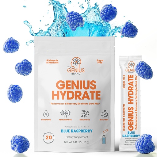 [BRSRA234O4ORSHT2] The Genius Brand - Genius Hydrate Stick Pack Powder Drink Mix – Blue Raspberry Flavor, Natural Electrolyte Booster with Coconut Water & Potassium for Ultimate Hydration - 20 Packets