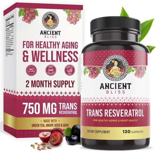 [BRSRO2YNO54BUHIZ] Ancient Bliss Resveratrol Мощна антиоксидантна добавка със зелен чай, екстракт от гроздови семена за здравословен стареене за мъже и жени