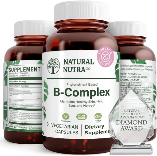 [BRSWKHQIOBYBKG3G] Natural Nutra Vitamin B Complex with Niacin, Folate, Thiamin, Biotin, Supports Nervous System Health, Promotes Metabolism, Skin, Eyes and Hair Health, Whole Food Supplement, 60 Vegetarian Capsules