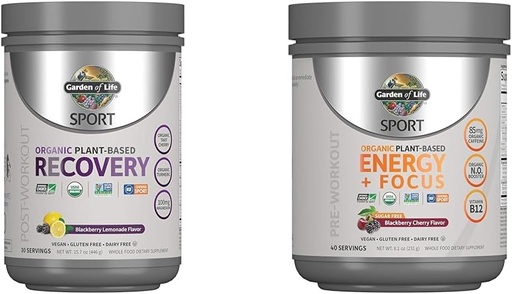 [BRSRAYYYAUGRUFDP] Garden of Life Vegan Organic Plant-Based Post Workout Recovery Powder, 30 Servings, 15.7 Oz & Pre Workout Energy Powder, 40 Servings, 8.14 Oz Bundle