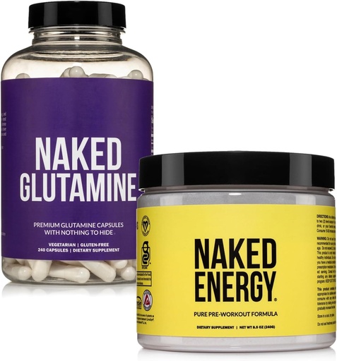 [BRSRA233BMMAAETK] NAKED Vegan Energizing Muscle Recovery Bundle Unflavored Energy and 240 L-Glutamine Capsules, 1000mg