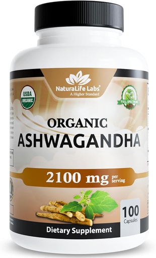 [BRSWECAQBMBQ2HIY] NaturaLife Labs Organic Ashwagandha 2100 mg per Serving – Root Powder & Extract – 100 Capsules – Vegan, Non-GMO, Gluten-Free