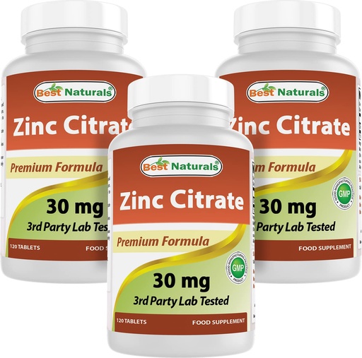 [BRSWYGTQCAHGE3LH] Best Naturals Zinc 30mg Supplements (as Zinc Citrate) - zinc Vitamins for Adults Immune Support - 120 Tablets (120 Count (Pack of 3))
