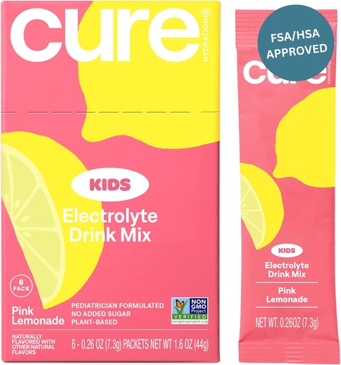 [BRSROAICCMHBOG33] Cure Hydration Kids Electrolyte Drink Mix | Plant-Based Pediatrician Formulated Rehydration | No Added Sugar, FSA-HSA, Non-GMO, Gluten-Free, No Artificial Flavors | Box of 6 Packets - Pink Lemonade