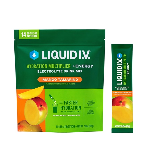 [BRSRMA35C4PB6HTX] Liquid I.V.® Hydration Multiplier® +Energía - Mango Tamarind - Hydration Powder Packets ← Electrolyte Powder Drink Mix ← Conveniente Single-Serving Sticks ← Non-GMO TEN 14 Servings (Pack of 12)