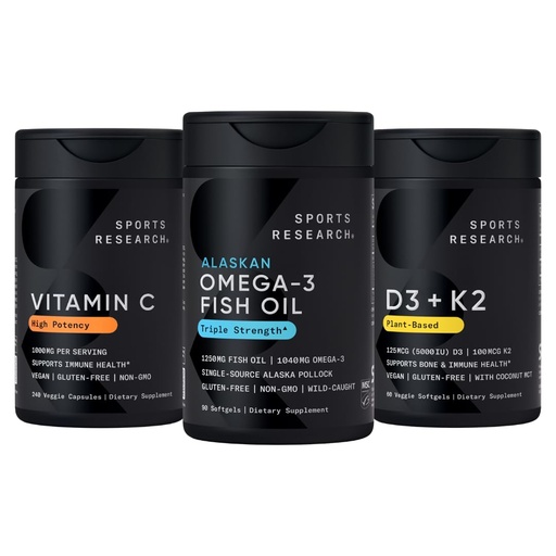 [BRSRAYY7CQNQ2G36] Sports Research® 1250 mg Omega 3 Burpless Fish Oil - Wild Alaskan Pollock - (90 Count), High Potency Vegan Vitamin C 1000mg (240 Count) + Vegan 5000iu Vitamin D with 100mcg Mk7 Vitamin K (60 Count)