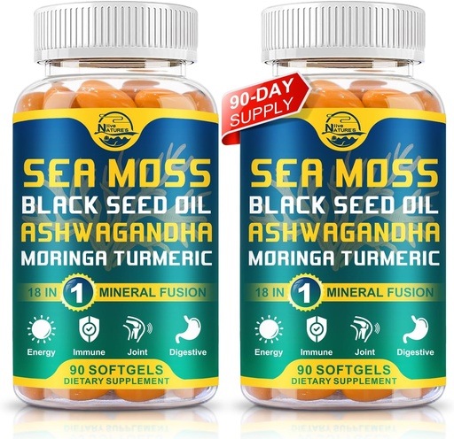 [BRSRAAYZPMIRQFLA] Nature's live Organic Sea Moss Softgels with Black Seed Oil, Ashwagandha, Bladderwrack, Ginger, Burdock Root, Manuka Honey, Cinnamon for Immune System, Skin, Energy, 90 Softgels, 2 Pack