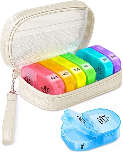 [BRSRMHD6PIIBA2T6] Cute Pill organizētājs 2 reizes dienā, PU Ādas Pill Case sievietēm, Portable Weekly Pill Box Purse ar uzglabāšanas soma turēt vitamīnus, zāles, zivju eļļas, papildinājumi (Beige)