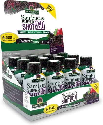 [BRSWYHQBBMHAGGQ6] Nature's Answer Sambucus Immune Travel Shot (12 Pack) Elderberry on The Go. 2oz. Alcohol-Free Non-GMO Sambucus Black Elderberry Airplane/Travel Shot