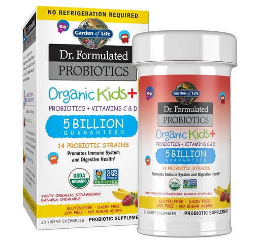 [BRSWGZATDF5BU3YY] Garden of Life Dr. Formulated Probiotics Organic Kids+ - Digestive Health Support - Prebiotic Fiber & Vitamins C & D - Supports Immune Function - Shelf Stable - Strawberry Banana, 30 Yummy Chewables