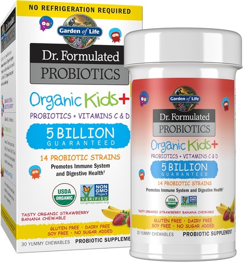 [BRSWGZATDF5BU3YY] Garden of Life Kids Probiotica, Dr. Formulated Probiotics Biologische Kids+ Vitamine C & D, Aardbei Banana, Gluten Dairy & Soy Free Immune & Digestief Health Supplement, 30 Kauwtabletten (Shelf Stable)