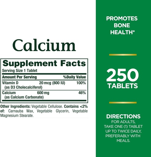 [BRSRAY35CQDQK23O] Nature's Bounty Calcium Carbonate & Vitamin D, Supports Immune Health & Bone Health, 600mg Calcium & 800IU Vitamin D3, 250 Tablets (Pack of 2)