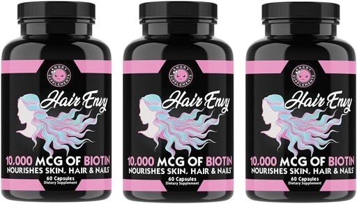 [BRSW2FAQAB7BOALJ] Suppléments de colère Cheveux Envy 10 000 mcg Biotine + kératine, Grandir + Hydrater les cheveux, Renforcez les ongles thicken, la peau claire et nourissante – Aide aux cheveux minces endommagés, (3-bouteilles)