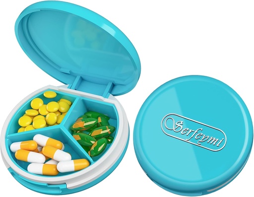 [BRSRMFAPOZYA22TF] Caixa de comprimidos pequena Serfeymi - 3 compartimentos Caixa de comprimidos portátil para bolso de bolsa, Caixa de pílulas compacta Mini viagem - Adequado para medicina, Vitamina, óleo de peixe, suplementos - Azul claro (Logo)