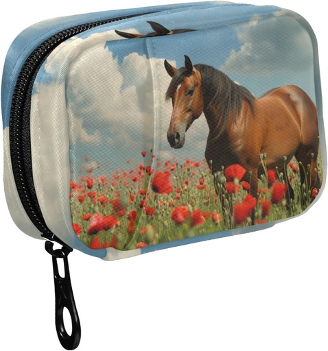 [BRSRABTYO4BGYALV] Fustylead Mane Horse Walking in Poppy Flower Field Pill Korraldaja Juhtum Zipper 2 korda päevas vitamiini ja toidulisandi, 7 päeva reisikorraldaja Meditsiinijuhtum