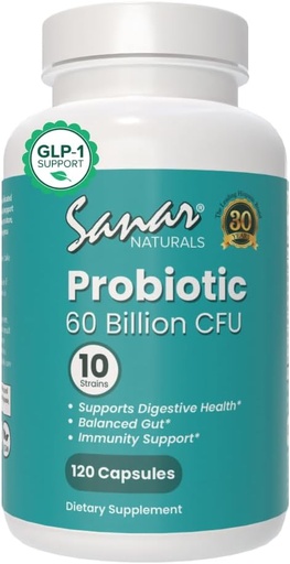 [BRSRA2QCOIBG2E34] Sanar Naturals Probiotics 60 Billion CFU – 10 Strains + Prebiotics - Supports Immune, Digestive, & Gut Health - Probiotics for Women and Men - Vegan, Non-GMO, Gluten Free, 120 Capsules