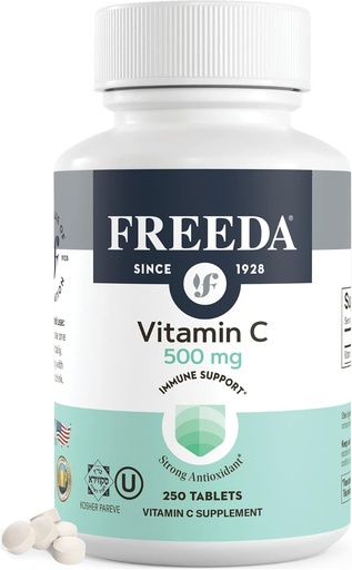 [BRSWIYIKBR6GCFLM] FREEDA Vegan Vitamina C 500mg – Kosher Immune Support & Antioxidant – Ayuda a mantener la piel sana y el cabello, soporta la absorción de hierro – sin gluten, sin lactosa, sin sabor artificial o color – 250 Tabletas