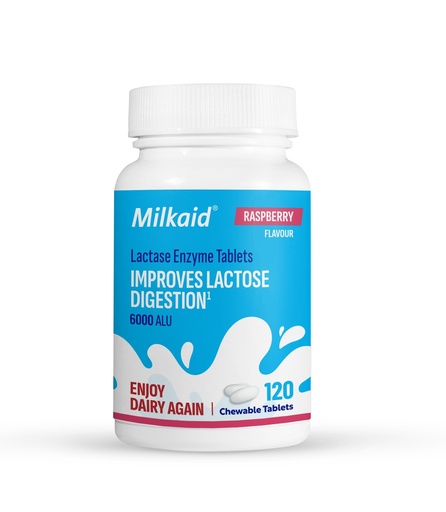 [BRSWGZY2BMNBUELU] Milkaid Lactase Enzyme Chewable Tablets for Lactose Intolerance Relief | Prevents Gas, Bloating & Diarrhea | Fast Acting Dairy Digestive Supplement (120 Tablets, Raspberry)