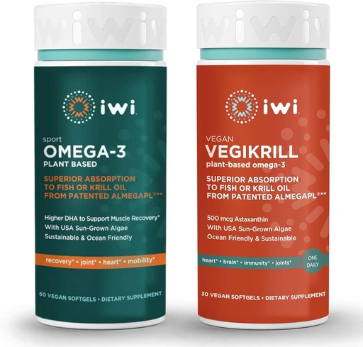 [BRSRAYLRAQBRAHIY] iwi Omega-3 Sport & Vegikrill Omega-3 Bundle, 30 Servings, Vegan Plant-Based Algae Omega 3 with EPA + DHA, Krill & Fish Oil Alternative, No Fishy Aftertaste