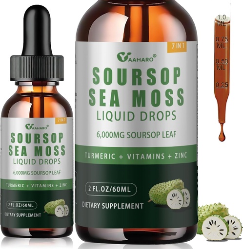 [BRSRA2YHC5YW2AL7] Soursop Graviola Liquid Drops with Sea Moss, Vitamins B6 & C, Zinc, Turmeric & Black Pepper - Natural Soursop Leaf Extract for Immune Support - Vegan, Non-GMO, Gluten Free, 2 Fl Oz