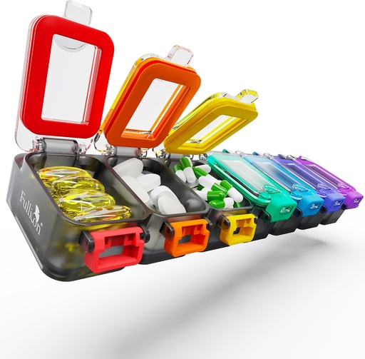 [BRSROZQPOUDQY234] Fullicon Weekly Pillen Organisator 7 dagen Ultra Vocht en Spill Proof Dagelijkse Pillendoos, Grote Geneeskunde Case met Veilige Gesp, Compacte Reis Pillen Container voor pil, Vitamine, & Visolie (Rainbow Black)