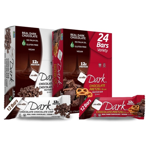 [BRSWY2QOBYHAMFIV] NuGo Dark Variety - Chocolate Pretzel 12 Bars & Chocolate Chocolate Chip 12 Bars, 12g Protein, Vegan, Gluten Free, Non-GMO, Kosher Pareve, 24 Count