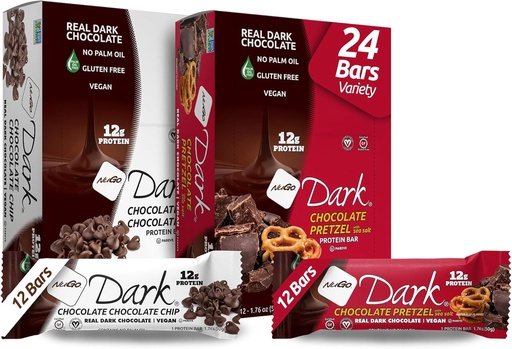 [BRSWY2QOBYHAMFIV] NuGo Dark Variety - Chocolate Pretzel 12 Bars & Chocolate Chocolate Chip 12 Bars, 12g Protein, Vegan, Gluten Free, Non-GMO, Kosher Pareve, 24 Count