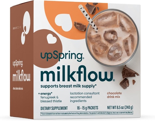 [BRSRMGTQAQCWKFI2] UpSpring Milkflow Energy Supplément pour l'allaitement maternel Mélange avec Fenugreek, Saveur de chocolat, Supplément pour la lactation pour soutenir l'approvisionnement en lait maternel et vitamines B, 16 Mélanges pour boissons