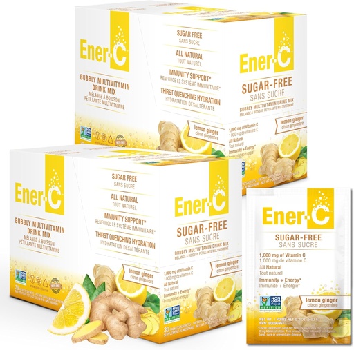[BRSRMZICBENQADL6] Ener-C Sugar Free Energy Lemon Ginger Multivitamin Drink Mix Vitamin C 1000mg & Electrolytes - Natural Immunity Support with Real Fruit Juice Powders - Non-GMO Vegan & Gluten Free - 60 Count