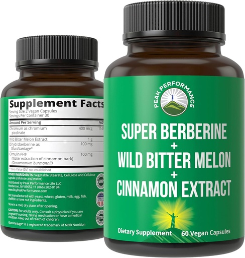 [BRSRM2QFCACB4A3H] Ultra High Strength 4-In-1 Super Berberine Patented GlucoVantage + Wild Bitter Melon + Cinnamon Extract + Chromium Picolinate Vegan Capsules. Great Supplement to Support After-Meal Spikes and Energy
