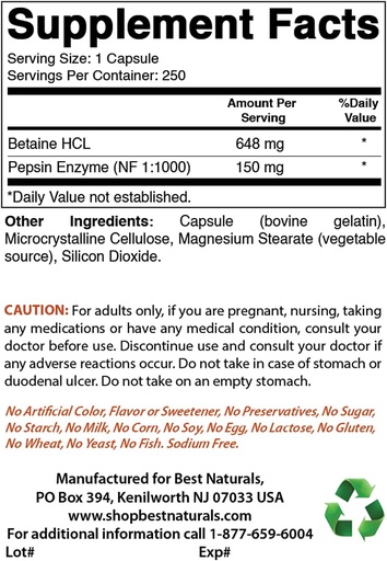 [BRSRMCQECEBAKDT3] Beste Naturals Betaine HCL 648 mg og magnesiumklorid 520 mg