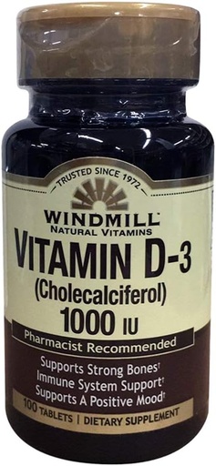 [BRSWKGYIBJ5W22DK] Windmill Natural Vitamins Vitamin D-3 Cholecalciferol 1000IU Dietary Supplements 100 Tablets (Pack of 2)