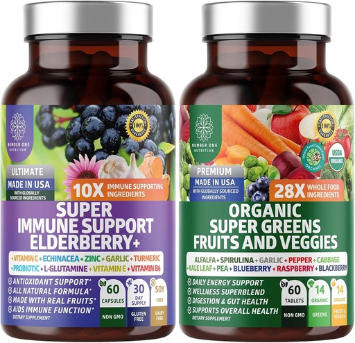 [BRSRMGITCEIQEC3K] N1N Premium Organic Super Fruits & Veggies + Immune Support [38 Ingredientes potentes], Natural Super Greens Suplemento con Alfalfa, Vitaminas & Minerales, Zinc, Turmérica y Probiótico, 120 Caps