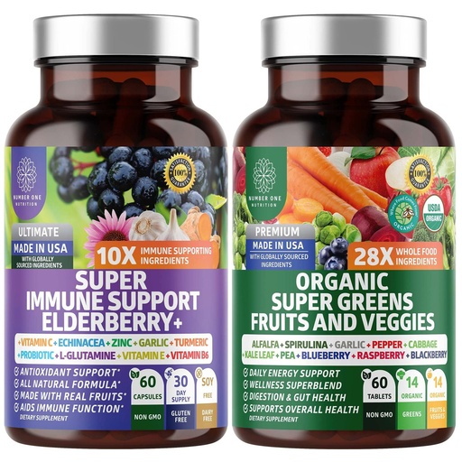 [BRSRMGITCEIQEC3K] N1N Premium Organic Super Fruits & Veggies + Immune Support [38 Powerful Ingredients], Natural Super Greens Supplement with Alfalfa, Vitamins & Minerals, Zinc, Turmeric and Probiotic, 120 Caps
