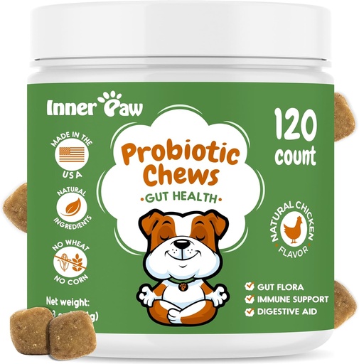 [BRSW2ZYEAQAWADQU] Inner Paw Probiotica voor honden, spijsverteringsenzymen & Prebiotische formule voor Gut Health, Hondenprobiotica voor diarree, Bowel & Immune Ondersteuning, Kip smaak, 120 Zachte Kauwen