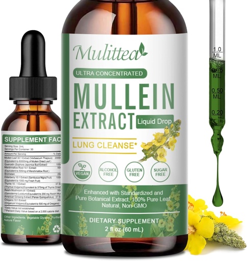 [BRSRAEAFDJ5QA2TG] Mullein Drops for Lungs & Lymphatic Drainage - Lung Cleanse & Detox- Vegan Mullein Leaf Extract Support Immune,Respiratory Digestive -9 Potent Herbal Supplement to Renew -As Liquid