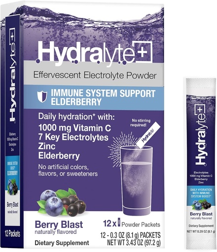 [BRSWYHA6AQOR4HTV] Hydralyte Electrolytes Plus Immunity, Elderberry - Low Sugar Rapid Rehydration Powder - Lightly Sparkling Electrolyte Powder Packets with 1,000mg Vitamin C and 300 mg Elderberry (8oz Serve, 12 Count)