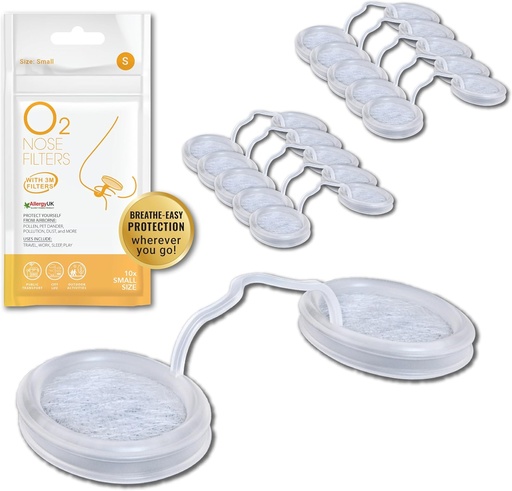 [BRSWGFAEOQBWMGY6] O2 Nose Filters with 3M Filtration - Nose Filters for Allergies - Nasal Filter for Allergies - Nostril Dust Mask, Smoke & Allergy Filter (Size Small, Pack of 10)