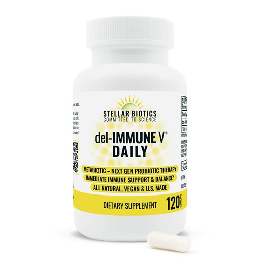 [BRSW2FQDB4FAG2AY] Del-Immune V® Daily by Stellar Biotics, All-Natural Immune Support & Gut Health, Immediate Care, Metabiotic: NextGen Probiotic Therapy (120 Caps)