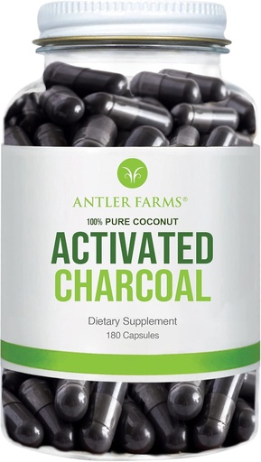 [BRSW2EI5BMCREHI4] Antler Farms - 100% Pure Coconut Activated Charcoal, 180 Capsule 260mg - Wild Harvested, Virgin Coconut Shell, USP Food Grade, Steam Activated, Ultra Fine