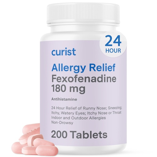 [BRSROYLROB7BO3Y4] Curist Fexofenadine Hydrochloride 180mg (200 Tablets) Non Drowsy Allergy Medication - 24 Hour All Day Allergy Relief Tablets for Runny Nose, Itchy Eyes and Throat - Hay & Cedar Fever (200 Tablets)